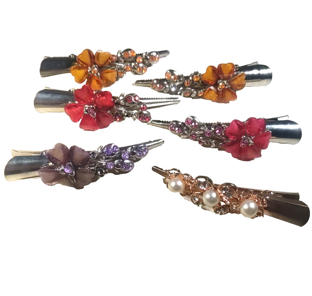 Lot Of 8 Hair Barrette Alligator Clips Silver Gold Tone Red Orange Purple...